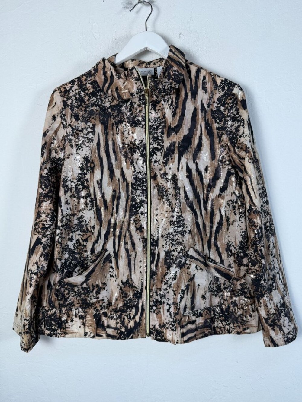 Zenergy By Chicos Womens Metallic Animal Print Full-Zip Jacket Size 2 Brown